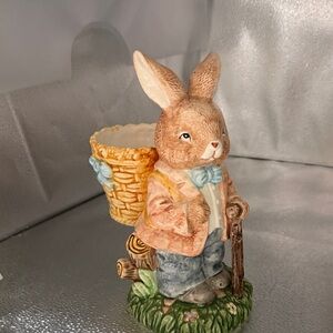 Vintage Easter Bunny Ceramic Hand Painted Glazed Bunny Figurine with Basket